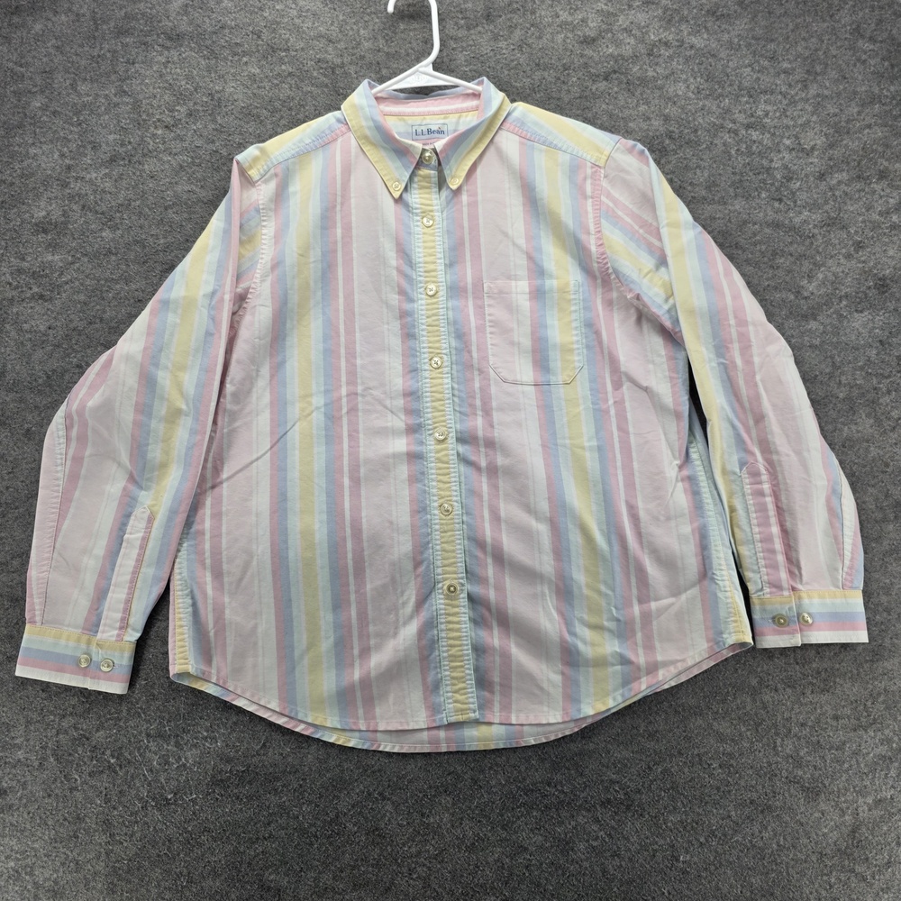 LL Bean Shirt Mens Large Multicolor Pastel Striped Button Down Casual Pocket